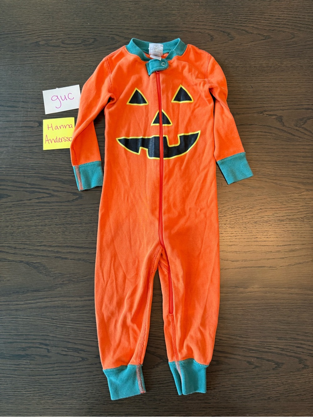 Hanna andersson 2t Kids Orange Pumpkin One-Piece Pajamas with Teal Trim